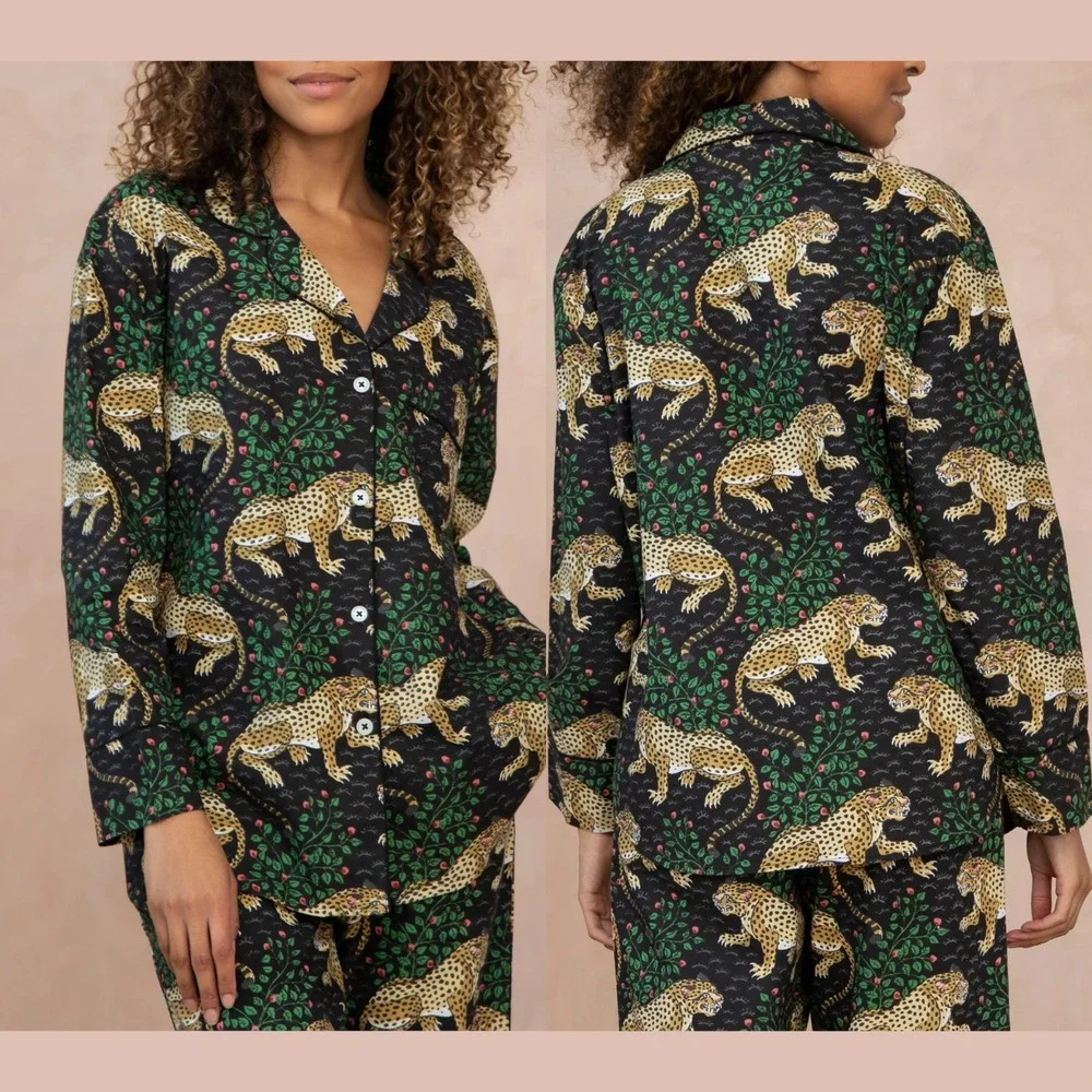 NWT $168 Printfresh [ Medium ] 100% Organic Cotton Long PJ Set Tiger Queen T2208